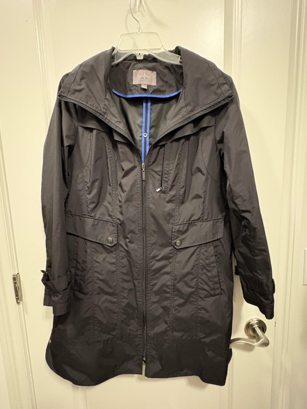 Cole Haan Black Raincoat with Blue Trim
